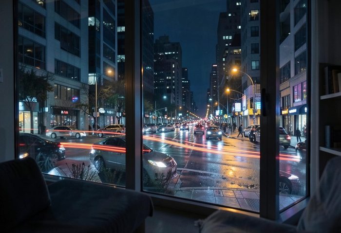 Traffic and street noise entering through a window at night