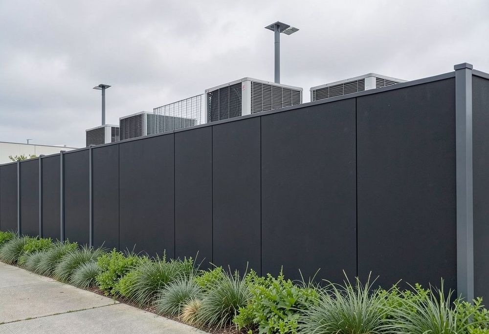 Commercial acoustic sound barrier fence screening mechanical equipment