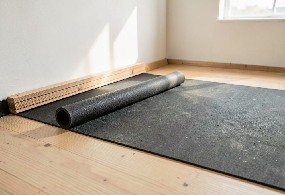 Floor soundproofing underlayment installation that reduces impact noise
