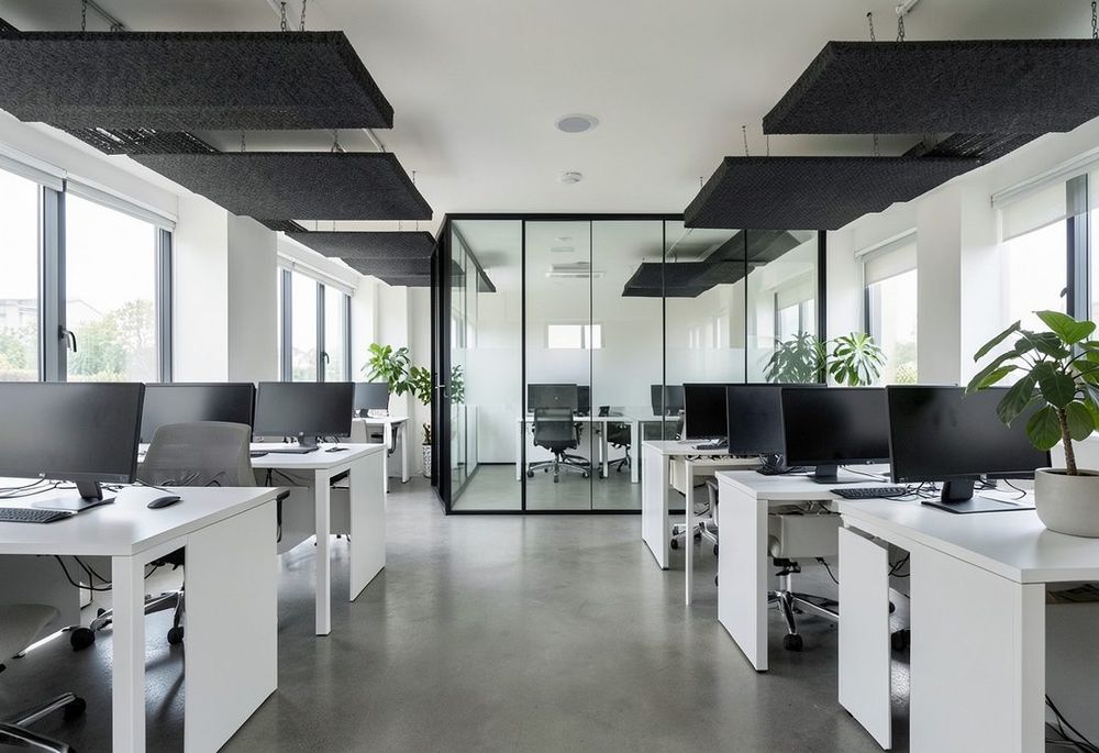 Office soundproofing with acoustic baffles and glass meeting room