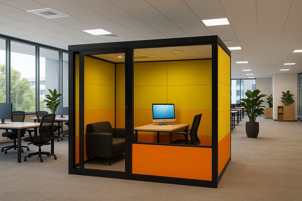 Soundproof phone and meeting booth installed in an open-plan office